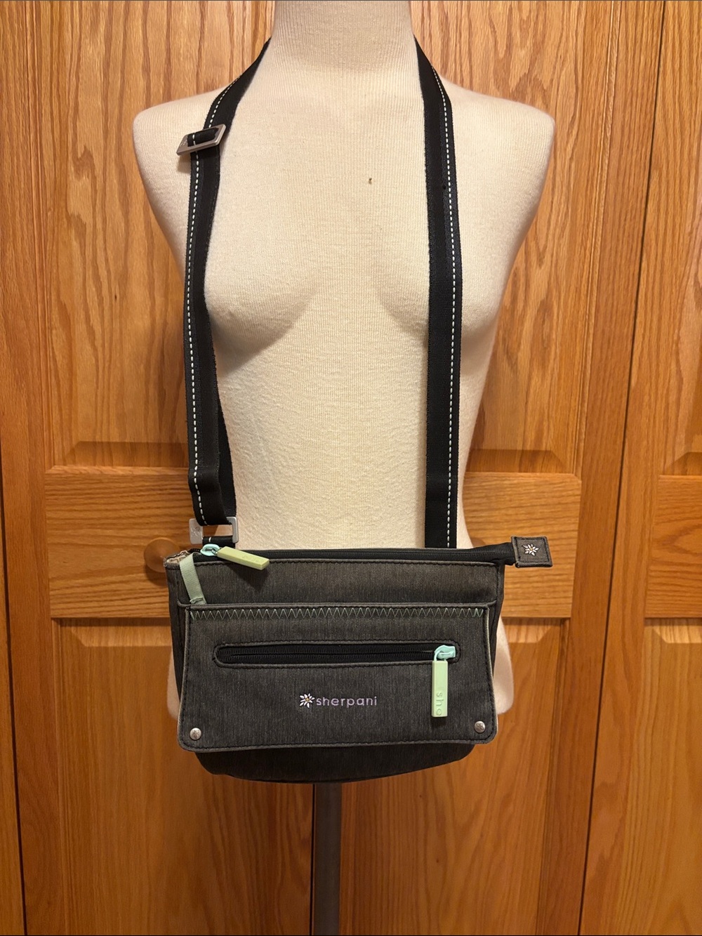 Sherpani Black Messenger Bag with Mint Accents